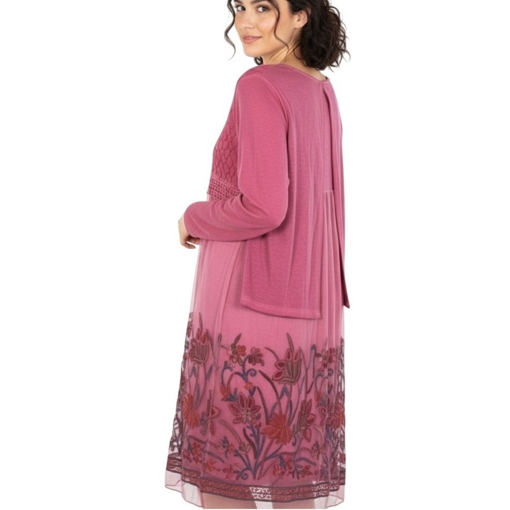 Simply Couture Pink Embroidered Long Sleeve Tunic Dress Top Size L Casual Preppy